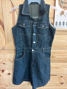 Sleeveless Dark Blue Denim Jean Shorts Romper